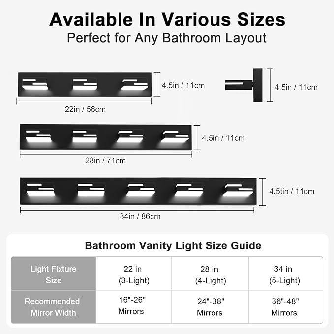 LED Modern Bathroom Vanity Light Fixtures, 5-Light 34-inch Dimmable Matte Black Vanity Lights for Bathroom Lighting Fixtures Over Mirror, with 350° Rotatable Acrylic Heads (Cool White 6000K)