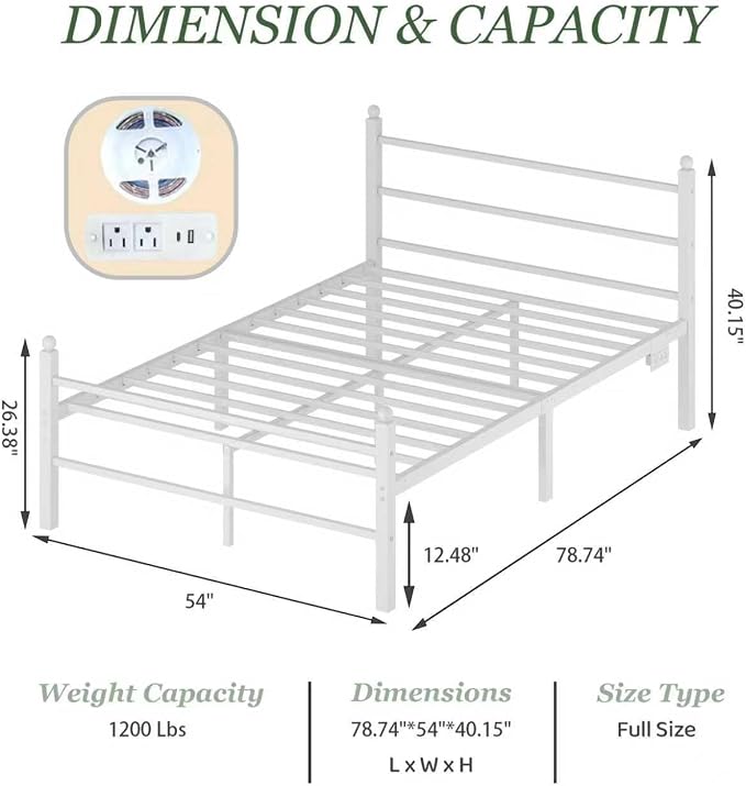 Jenmit Full Size Bed Frame with Charging Station & LED Lights,Full Metal Platform Bed Frame with Headboard and Footboard, Storage Space Under Bed,No Box Spring Needed,Noise Free, Easy Assembly, White