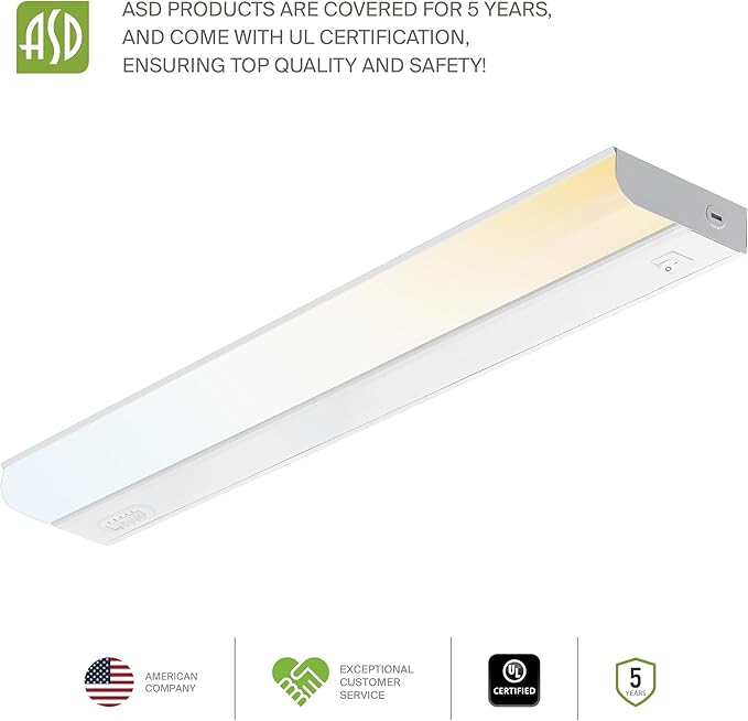 ASD 2 Pack 24 Inch Hardwired LED Under Cabinet Lights, On/Off & 5CCT Switch 2700K-5000K, 12W 1051LM CRI90+, Direct Wire Low Profile Linkable Fixture, Dimmable Under Counter Kitchen Lighting, White, UL
