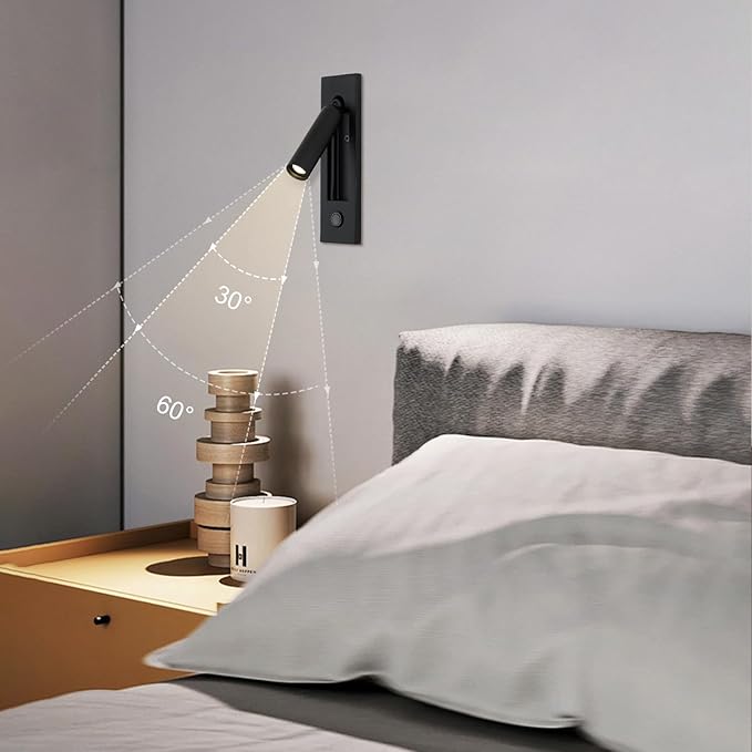 LED Bedroom Lamp Headboard Wall Light Sconce, Bedside Reading Light Recessed Push Switch Wall Lamps, Hotel Bed Side Decorative Wall Sconces Spotlight, 360° Rotatable 92° Foldable (Black)