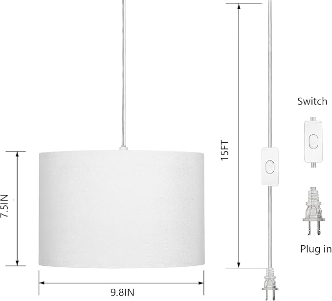 15FT Plug in Pendant Light with Switch,Hanging Lamp with Plug in Cord, Hanging Light Pendant Lamp with Remote Control，Pendant Light Fixture for Living Room Bedroom Farmhouse (White x2)