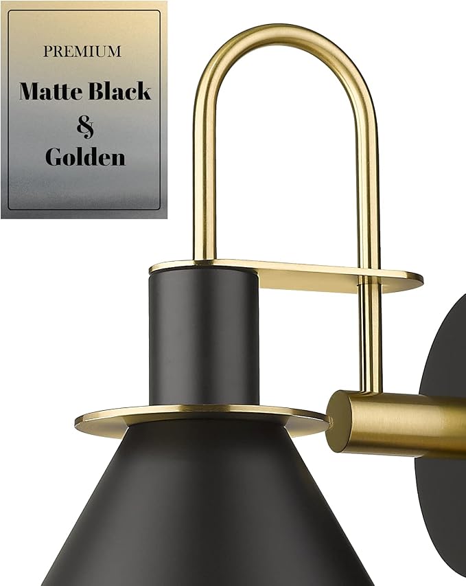 Black Wall Sconce, HWH Industrial Indoor Wall Light Fixture, Single Wall Vanity Light Brass Barn Wall Sconce Lamp for Bedroom Kitchen, Black and Gold Finish, 5HZG56B-L BK+BG