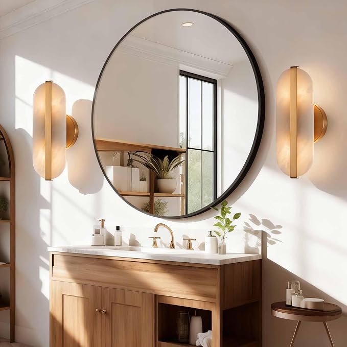 Natural Alabaster Wall Sconces Set of Two Marble Wall Sconces Hardwired | Gold Bathroom Vanity Wall Light Fixtures Modern Oval Stone Wall Lamp for Bedroom Living Room Hallway Restaurant, 11.8in