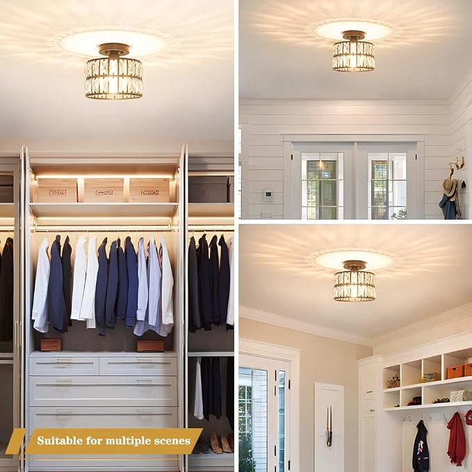 Lxybcce Crystal Ceiling Light Fixture, Modern Matte Black Crystal Chandelier, Small Semi Flush Mount Ceiling Lighting, Round Hallway Lighting for Kitchen Entryway Bedroom Bathroom, 1-Light, 9 Inch