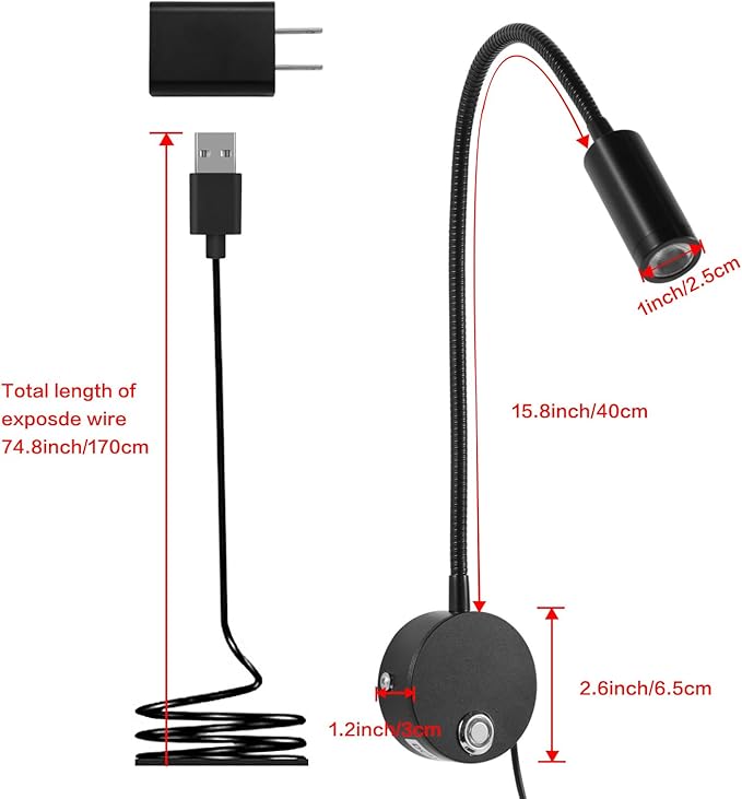 Reading Light for Bed, Wall Mounted Reading Lights with 15" Flexible Gooseneck, Touch Control, 3 Colors Temperature and Stepless Dimmable, Plug in Headboard Book Light(2 Pack)