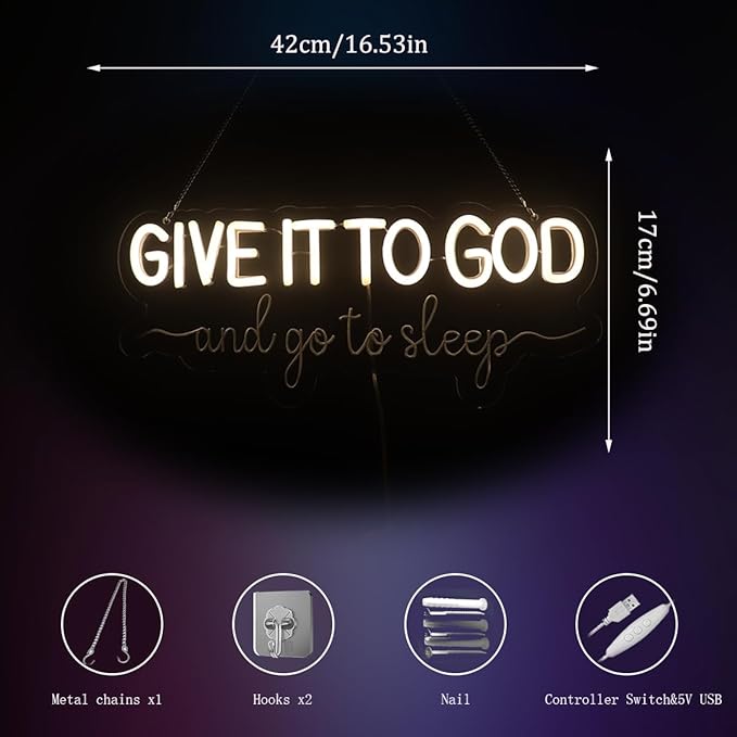 Give It to God and Go to Sleep Neon Sign Led Dimmable Neon Lights for Bar Room Home Art Wall Decor Party Window Living Room Decor Christmas' Birthday Gift (Warm white)