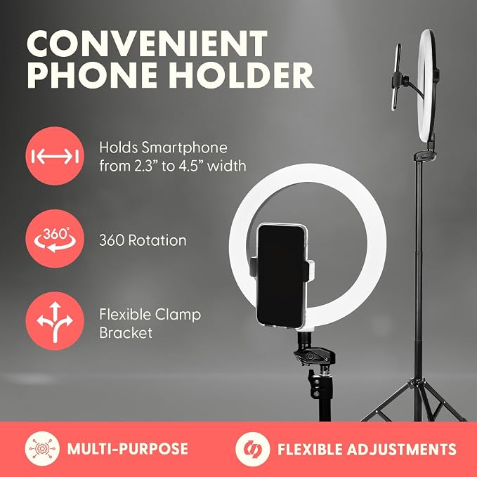 11" Selfie Ring Light with 61" Tripod Stand, LED Ring Light with Phone Holder, Wired Control USB, 10 Brightness Levels, 3 Color Modes, Adjustable for Video Recording, Zoom Meetings, and YouTube