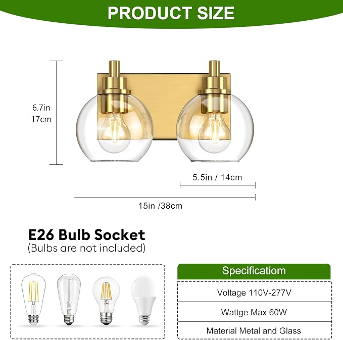 IZORRO Bathroom Light Fixtures, 2-Light Brushed Gold Vanity Light, Modern Wall Sconces with Globe Clear Glass Shade, Vanity Lighting Fixtures Over Mirror,E26 Bulb Socket
