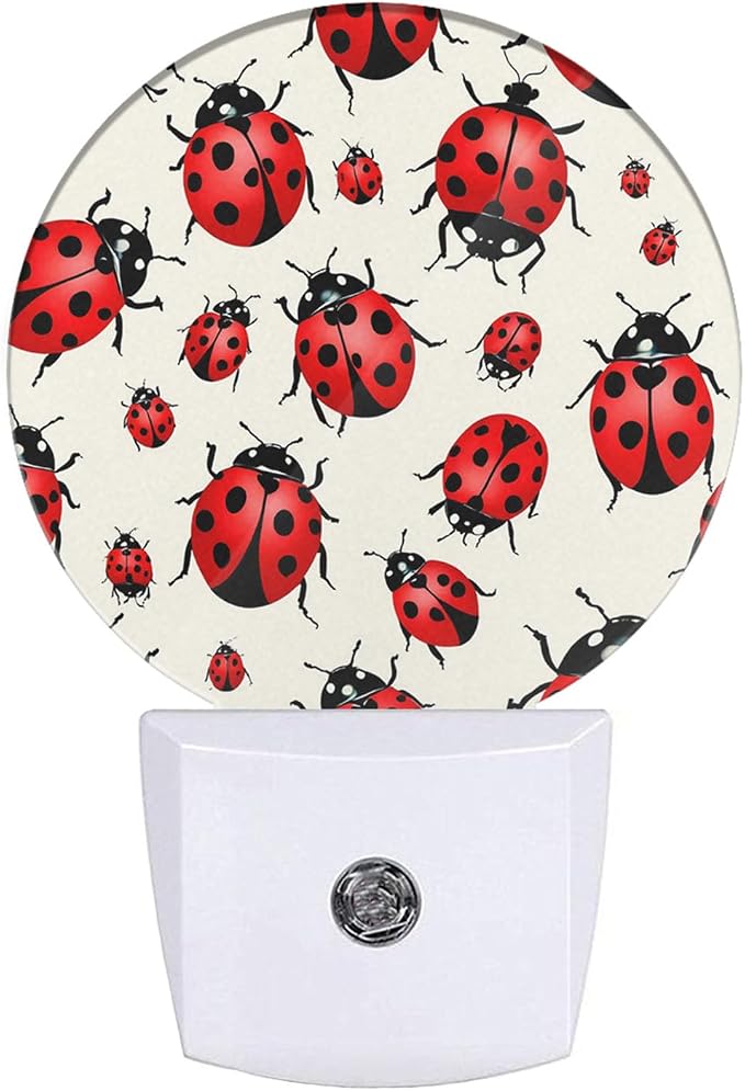EKOBLA Cute Ladybug Night Light, Red Black Dots Ladybugs with Dusk to Dawn Light Sensors, Warm Nightlights for Bedroom, Bathroom, Hallway, Kitchen