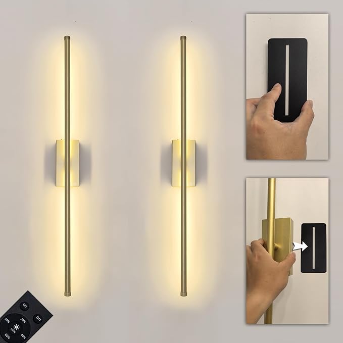 Set of 2 Rechargeable Gold Wall Sconce Peel and Stick Easy Mount | Battery Powered Cordless Picture Lights, Home Decor Linear Wall Sconces for Bedroom Living Room Hallway (28.3'')