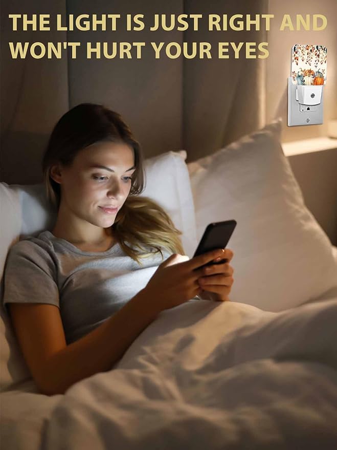 Fall Night Lights Plug into Wall LED Night Light Thanksgiving Watercolor Pumpkin Leaf Vintage Automatic Dimmable Dusk-to-Dawn Square Shaped Smart Nightlight for Bathroom/Bedroom