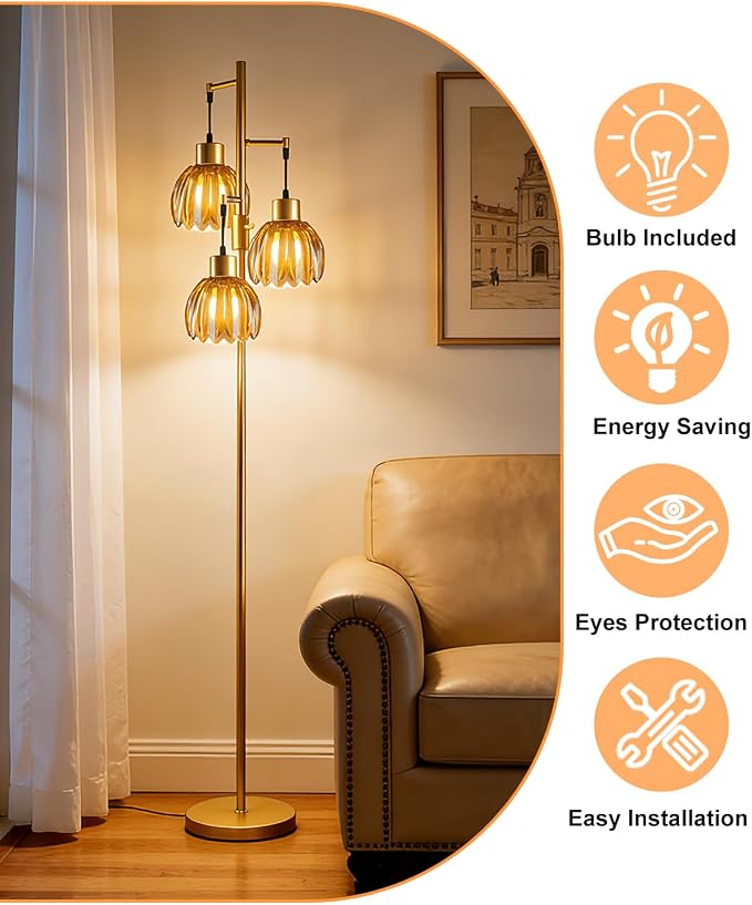 Lightdot 65'' Glass Floor Lamp Dimmable Gold with Brown Lotus Glass Shade & 3000K Bulbs Included 3-Lights Modern Tall Standing Lamp with 5Lbs Heavy Base for Living Room/Bedroom/Sofa/Corner Decor