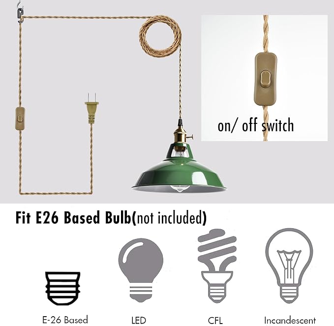 YUBOLE Modern Green Plug-in Pendant Light Macaron Kitchen Hanging Swag Lamp | 10.06"W Metal Barn Shade with On-Off Switch Plug Cord Light for Bedroom Foyer Dining Bar Loft Restaurants
