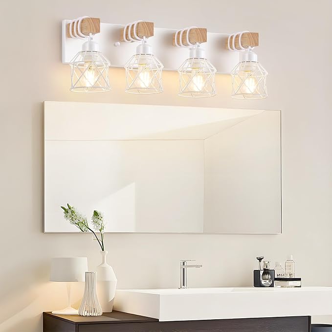 FadimiKoo 4-Light Farmhouse Vanity Lights for Bathroom, White Wood Bathroom Light Fixtures Over Mirror, Rustic Vanity Lights with Metal Shade, Bathroom Lighting for Living Room, Bedroom, Hallway