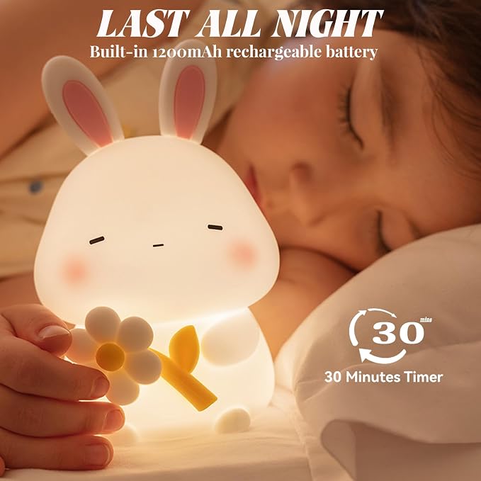 AVEKI Rabbit Night Light, Cute Bunny Lamp Gifts with Timer, Touch Squishy Silicone Night Light with 3 Colors Dimmable, Rechargeable Animal Lamp Kawaii Bedroom Room Decor (Bunny)