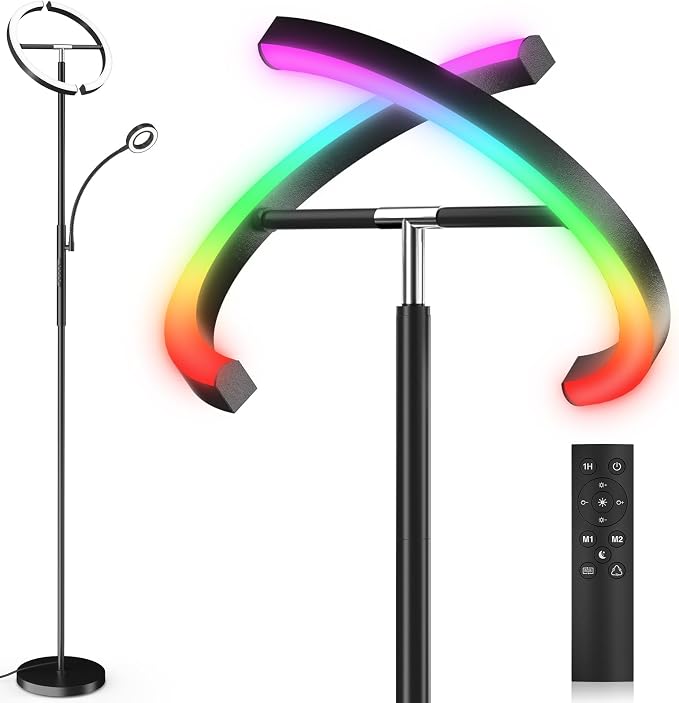 Upgraded RGBCW Floor Lamp with Reading Lamp, Rotatable Remote Control LED Standing Lamp Dimmable Floor Light Modern Standing Light for Living Room Bedroom Home Office, 36W, Black
