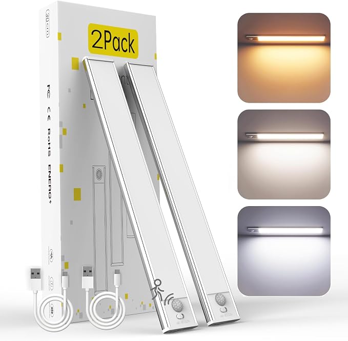DAYBETTER 12inch Under Cabinet Lighting,2 Pack Motion Sensor Light Indoor | Rechargeable,3 Color Temps,5 Levels Dimmable,Magnetic Closet Light Battery Operated,Wireless Under Counter Lights for Kitchen