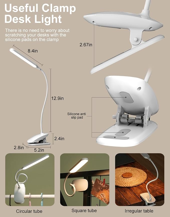 Desk Lamp, Table Lamp 1500mAh Dimmable Reading Lamp with Clamp and Type-C Charging Port, Desk Light for Home Office Reading Working Studying Gooseneck Adjustable Flexible - White