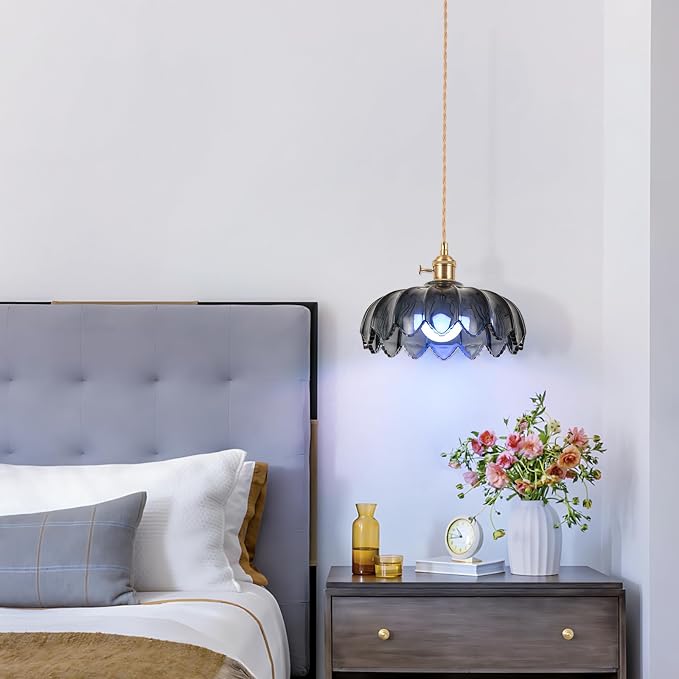 Battery Operated Pendant Light,Gray Blue Vintage Light Fixtures RGB Rechargeable Light Bulb 2500mAh 9.8in with Remote Control Wireless Adjustable Chandelier for Kitchen Island Hallway 1Light