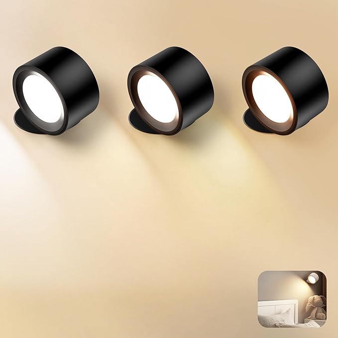 Wall Mounted Lamp, Rechargeable Battery Operated Wall Lights, Black-3 Pack | Rechargeble Renter Friendly, 3 Color Temperatures & 3 Brightness Levels 360°Rotate Magnetic Ball, Sconces for Reading Bedroom