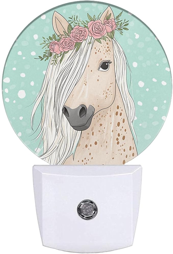 EKOBLA Watercolor Horse Night Light, Horse with Floral Wreath Night Lights Plug Into Wall with Dusk to Dawn Sensor for All Ages