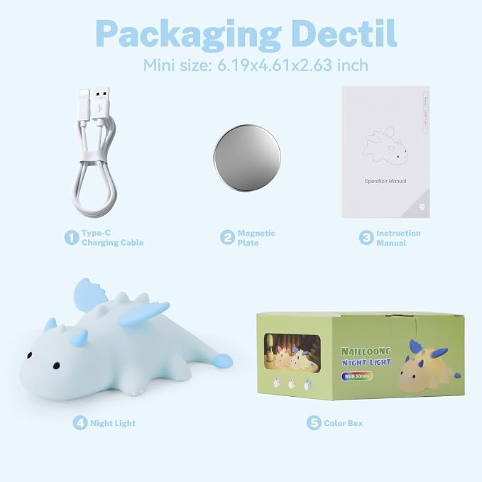 AVEKI Blue Dragon Night Light, Cute Baby Dragon Lamp Gifts for Kids Boys Girls, 10 Modes Dimmable Squishy Silicone Nursery Nightlight, Rechargeable Kids Lamp with Auto Off Timer