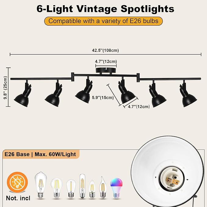 HiBay 6-Light Track Lighting, Adjustable Ceiling Light Fixture Black | Industrial Track Spot Light Indoor for Kitchen, Dining Room, Living Room, E26 Base (Bulb Not Included)