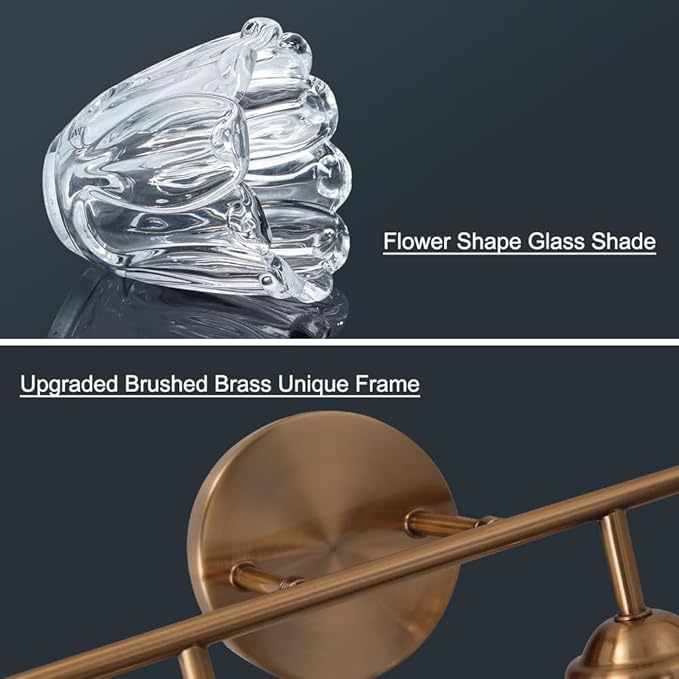 Vintage Bathroom Vanity Light, Brown Bronze Vanity Lighting, 4-Light Bathroom Lighting Fixtures Over Mirror, Elegant Flower Glass Light with Clear Shade, Gold Wall Sconce Lighting for Bedroom