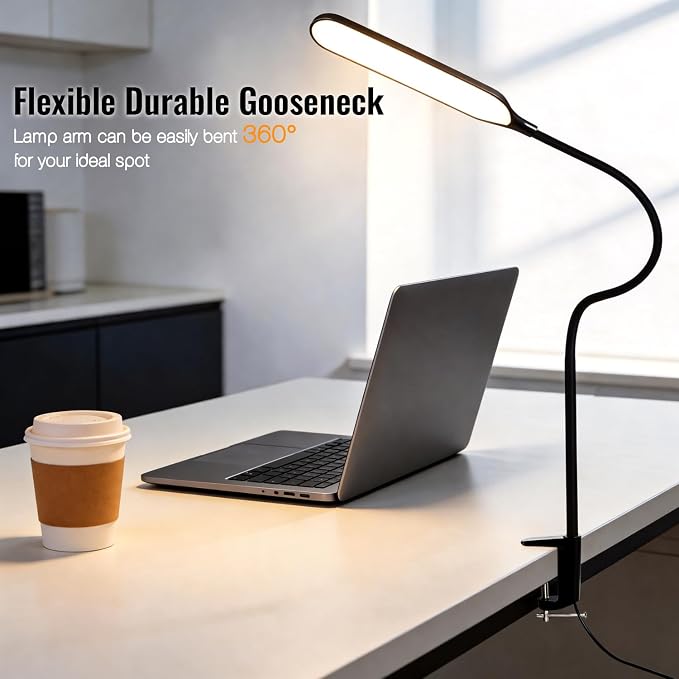 8W LED Desk Lamp with Long Gooseneck and USB Cable, 800LM | Metal Dimmable Clip on Lamp, 3 Colors and 10 Modes, Eye-Caring for Home Office Reading