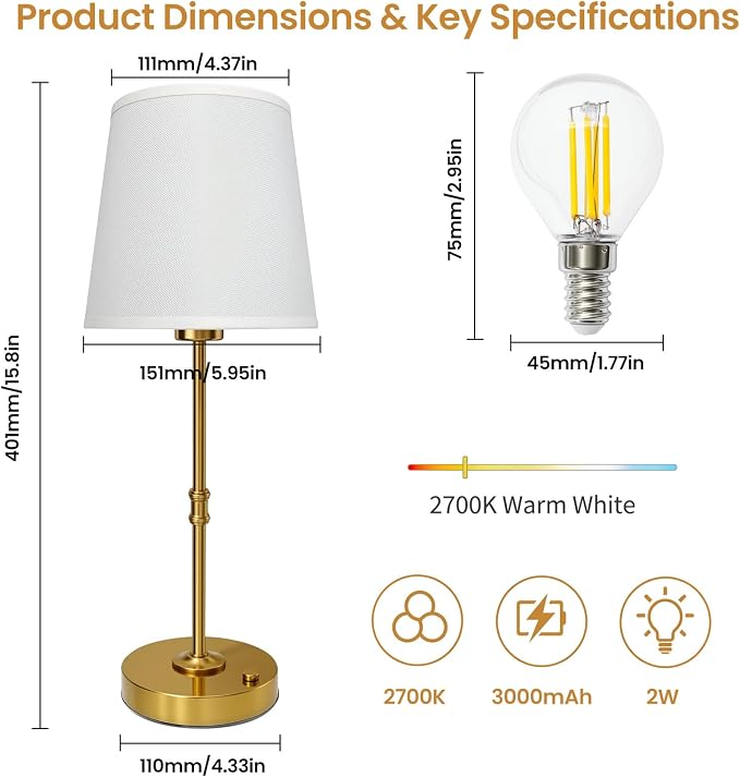 Gold Portable Cordless Table Lamp, Rechargeable Bedside Lamp, Tall | 3000mAh battery, touch stepless dimming, 2700K warm light, fabric shade and USB-C charging for bedroom, nightstand and desk.