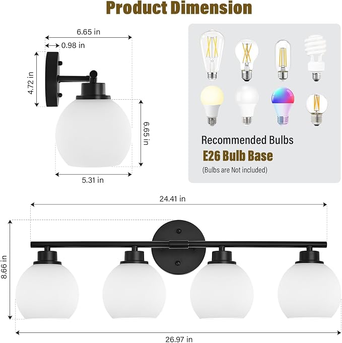 Matte Black Bathroom Light Fixtures, 4-Light Vanity Light Over Mirror | Modern Bathroom Lighting Over Mirror, Wall Sconces, Milky White Globe Glass Shades, E26 Socket,ETL Listed