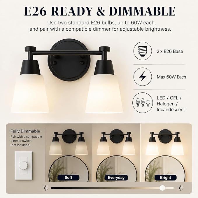 Bathroom Vanity Light, 2 Light Modern Matte Black Stainless Steel Over Mirror Vanity Light Fixture with Frosted Glass, Wall Sconces Lighting for Bedroom Living Room