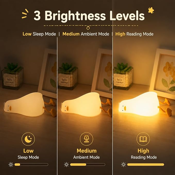 Cute Lying Flat Duck Night Light for Kids, Silicone Squishy Duck Lamp, 3-Level Dimmable Touch Control Bedside Night Light, USB Rechargeable Nursery Light for Baby Bedroom, Birthday Christmas Gift