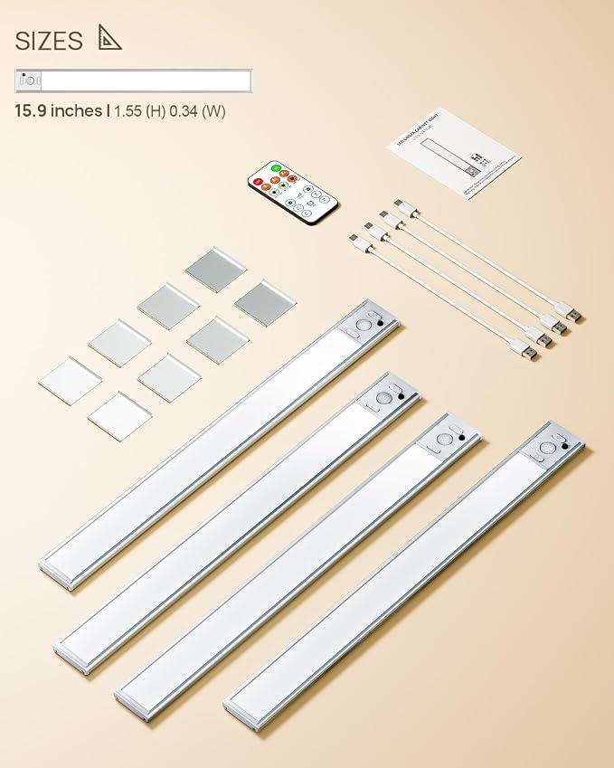 16 Inch Under Cabinet Lights, LED Motion Sensor Light Indoor, 4000mAh Rechargeable Closet Light with Remote, 3 Color Temps, Magnetic, Wireless Under Counter Lights for Kitchen, Stairs, Hallway, 4 Pack