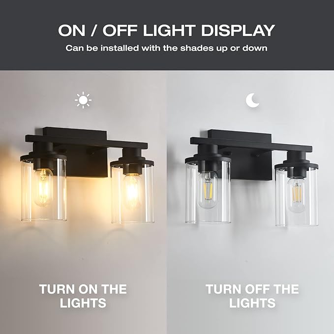 Bathroom Light fixtures, 2 Light Matte Black Bathroom Vanity Light, Vanity Lights with Metal Base and Clear Glass Shade, Wall Sconces Lighting for Bathroom, Mirror, Bedroom, Living Room, Hallway