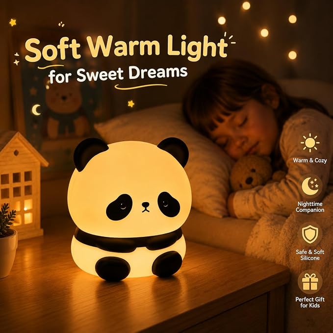 Cute Panda Night Light for Kids, Silicone Baby Squishy Lamp, 3-Level Dimmable Nursery Light for Bedroom, Rechargeable Portable Lamp, Desk Decor Birthday Christmas White Elephant Gift
