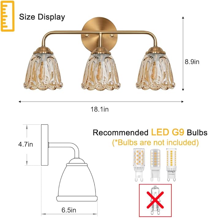 Vintage 3 Light Vanity Light, Gold Bathroom Vanity Light, Bathroom Light Fixtures with AmberGlass Shade, Antique Vanity Light Fixtures Over Mirror, Wall Sconce for Bedroom, Living Room