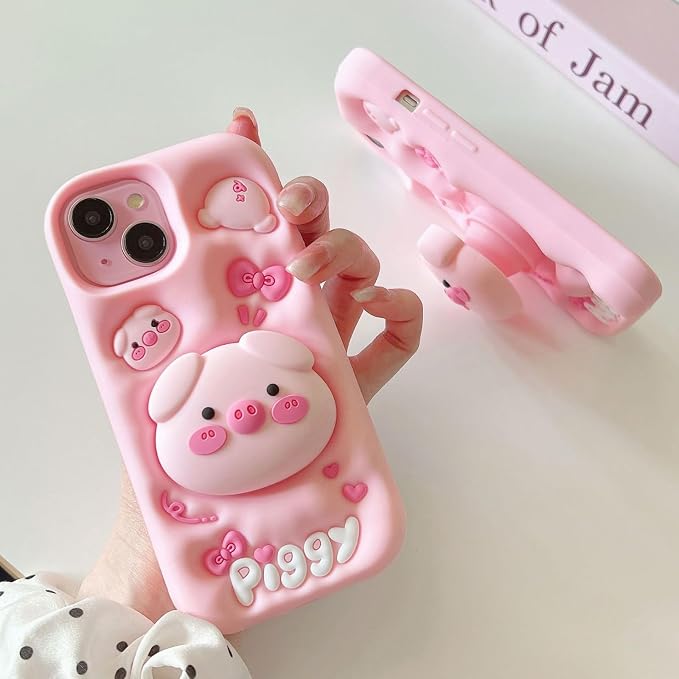 Kawaii Phone Case for iPhone 16 Cute 3D Cartoon Pink Pig Silicone Protective Case Cover for Women & Girl