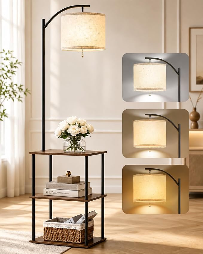GERGO Floor Lamp with Table, Side Table for Living Room, 3 CCT 9W LED Bulb | Adjustable Linen Shade & Pull Chain, Modern Coffee End Table, Night Stand with Storage Shelves for Bedroom, Office Home Décor