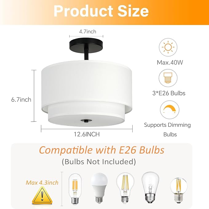 Vexagyle 3-Light Semi Flush Mount Ceiling Light Fixture,12.6inch Modern Close to Ceiling Light with 2-Layer White Drum Fabric Shade,Entryway Light Fixture Ceiling Mount Lamps for Bedroom Dining Room