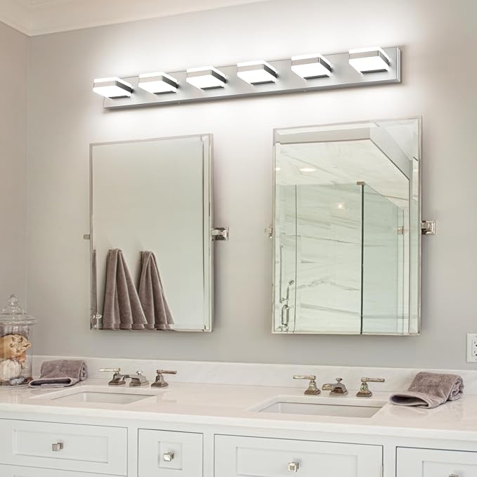 SOLFART LED Modern Bathroom Vanity Lights Over Mirror, Brushed Nickel Vanity Light Fixture 6 Light, LED Nickel Bathroom Lights Cool Light 6000K