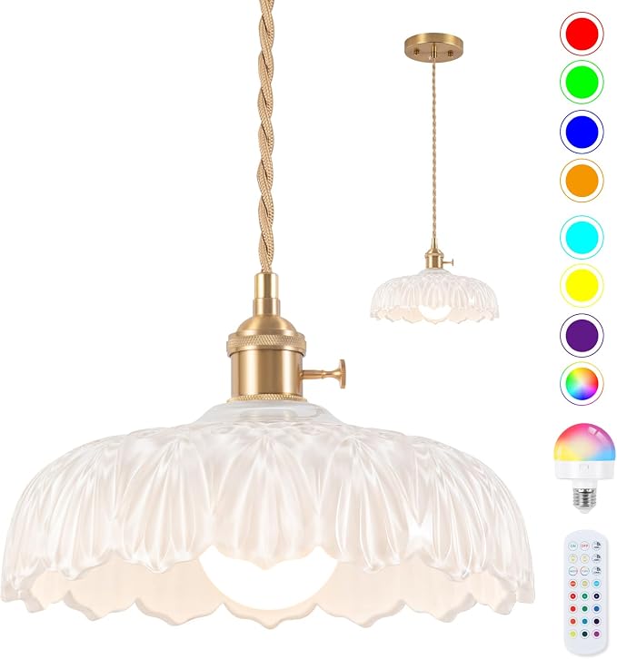 Battery Operated Pendant Light,Vintage Light Fixtures RGB Light Bulb 2500mAh 9.4in White Modern Chandelier with Remote Control Wireless Adjustable Rechargeable Chandelier for Kitchen Island 1Light