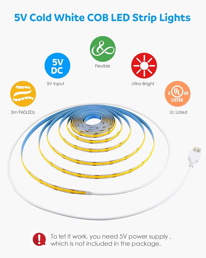 Aclorol 5V COB LED Strip Lights 6000K Cold White USB LED Strip Lights 10ft for Bedroom 8MM Width Flexible Rope Light for Kitchen Cupboard Wardrobe Staircase Counter Lighting Project 320LEDs/M CRI85+