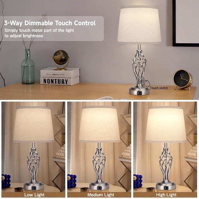 Ruiever Touch Table Lamps Set of 2, nightstand lamp with USB Ports Bedside 3 Way Touch dimmer Desk lamp for Living Room Bedroom,Nickel Plated Spiral cage Base Design Warm White dimmer Bulbs Included.