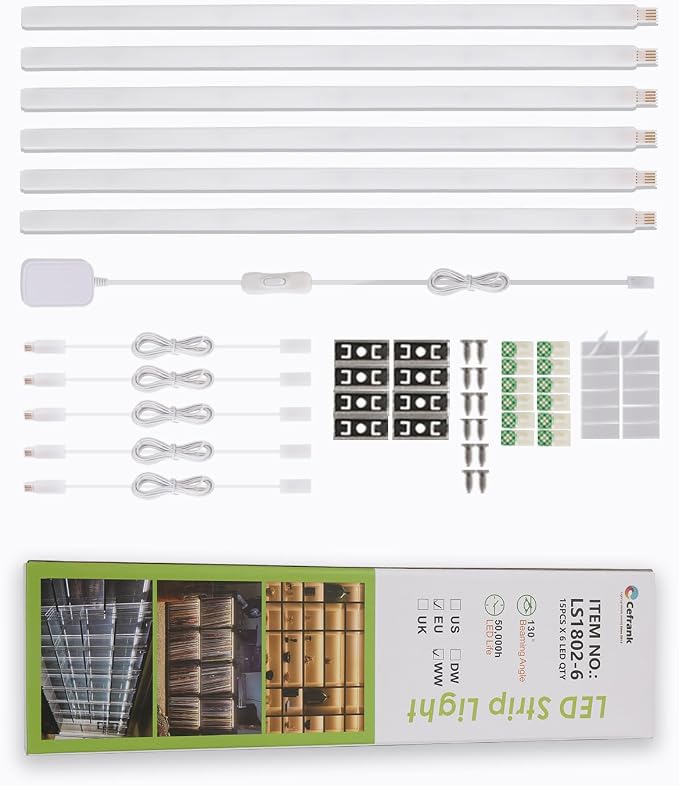 Cefrank 6-Pack Linkable Under Cabinet Lighting, 12" LED Shelf Light Bars | 1200LM Cool White • Plug-in • CRI90+ • Frosted Lens • Pantry • Bookshelf • Workbench
