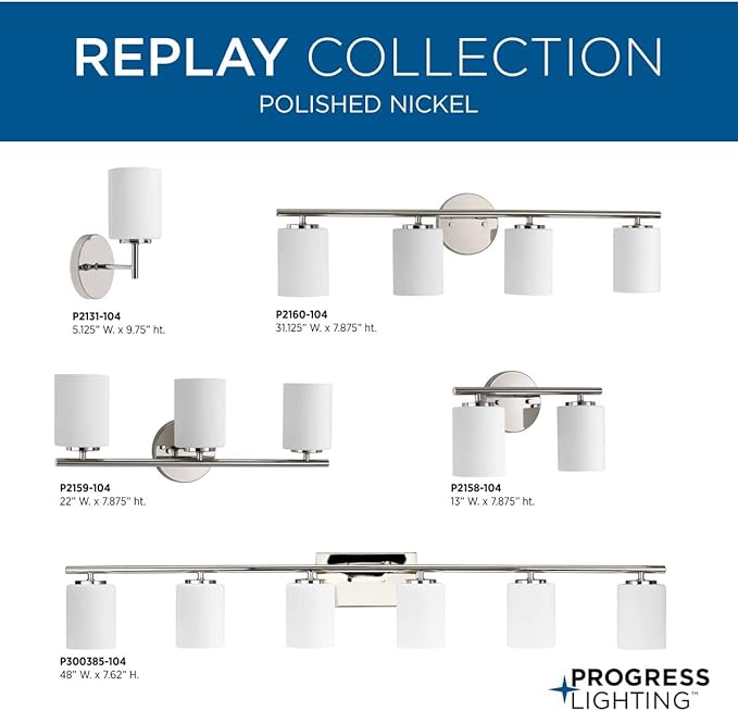 Progress Lighting Replay Collection 6 Light Bathroom Vanity Light, Modern Bath Lighting Fixture with Etched White Glass Shades for Over The Mirror, Reversible Mounting, Polished Nickel