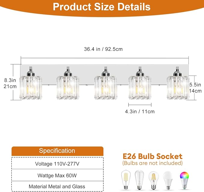 Brushed Chrome Crystal Bathroom Vanity Light, 5-Light Modern Bathroom Lighting Fixtures Over Mirror,Chrome Wall Sconce Light Fixtures with Square Shade