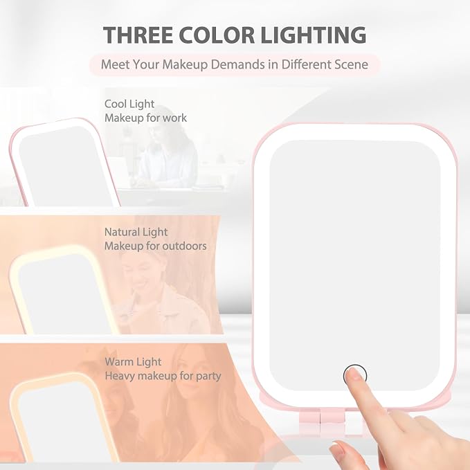 Koolstuffs Travel Mirror with Light with Battery-Powered | Rechargeable Portable Makeup Mirror, 3 Colors LED Lighting, Dimmable Touch Screen
