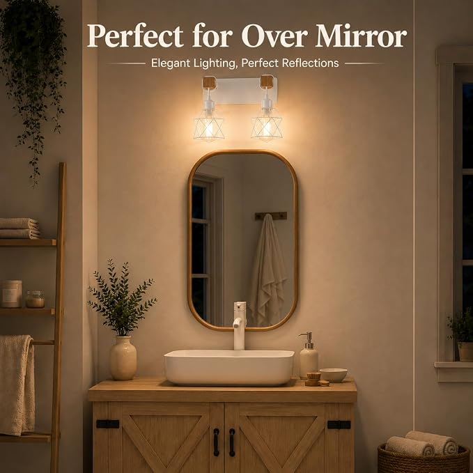 Farmhouse Vanity Light Fixture,2-Light Bathroom Lighting,White Modern Wood Wall Light Over Mirror with Metal Shade