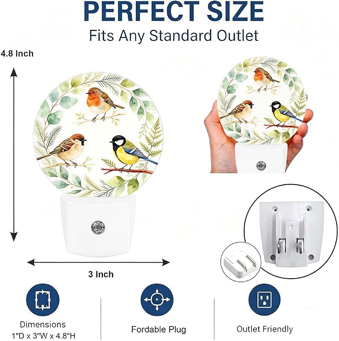 Nightlight Retro Vintage Bird Night Lights Plug Into Wall Auto Sensor | Three Birds Green Leaves Night Light Auto Led Sleep Round Lamp for Living Room Hallway Stairs